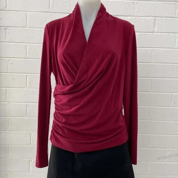 OJAY Berry Purple Winter Office Long Sleeve Draped Wrap Top - Picture 2 of 7